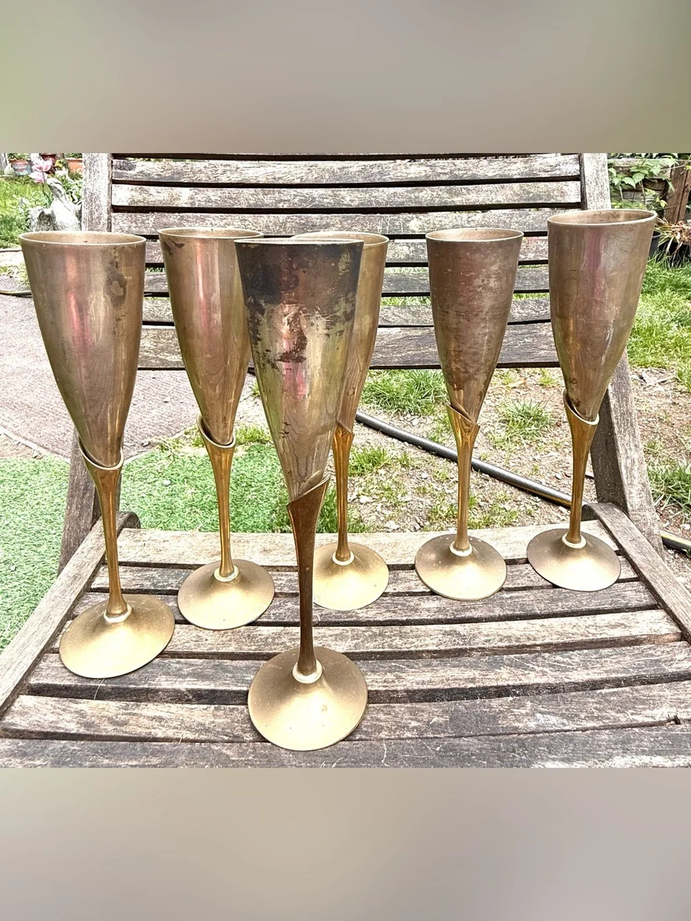 Vintage Six Solid Long Stem Tulip Silver Plate & Brass Champagne Flutes, India